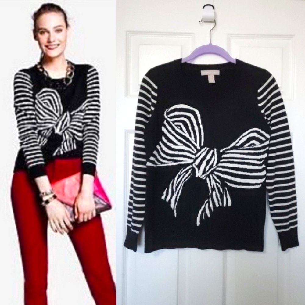 Banana Republic bow stripe print sweater black white Small Petite SP statement